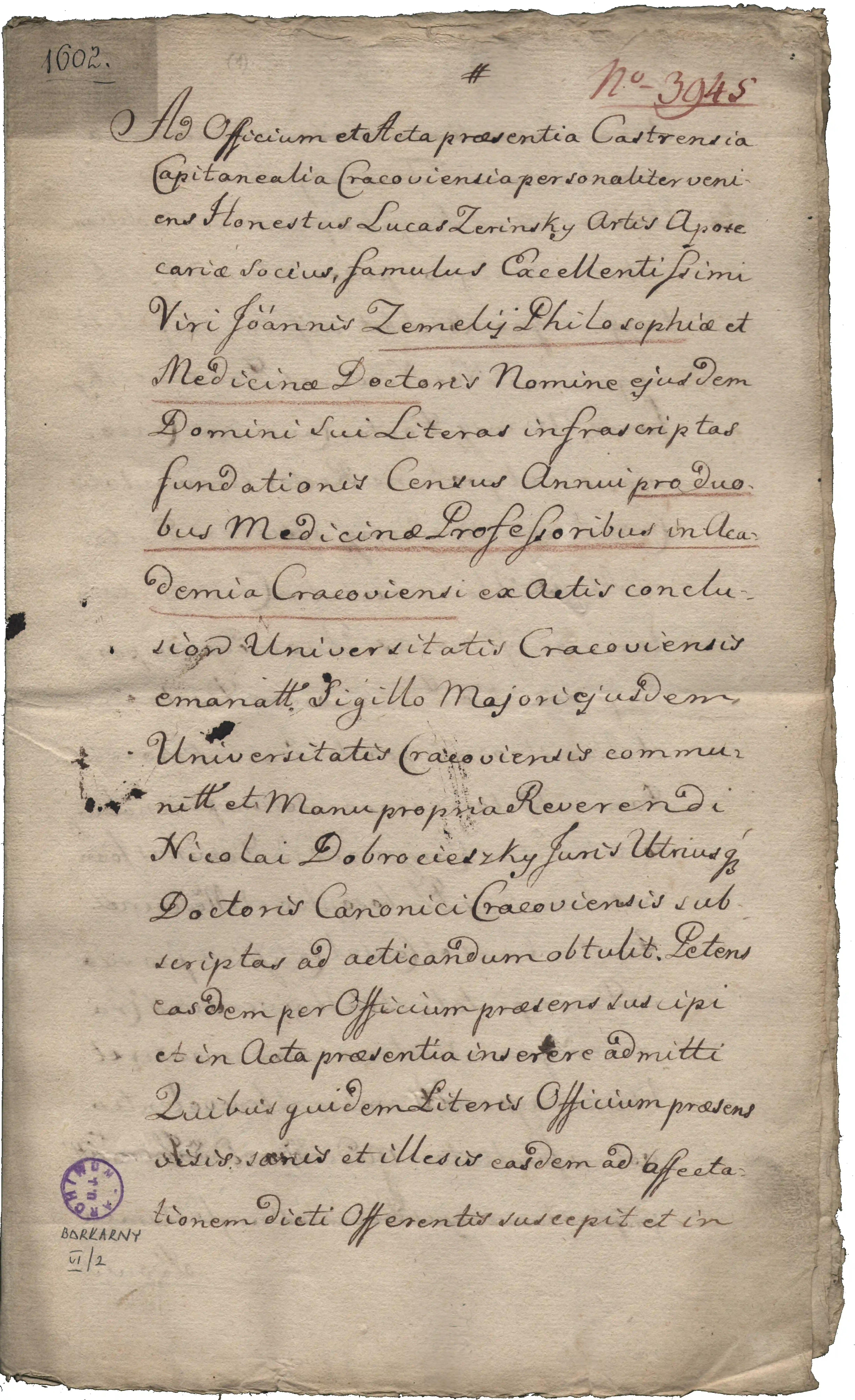 Archiwum Uniwersytetu Jagiellońskiego, sygn. 3945, s. 1.