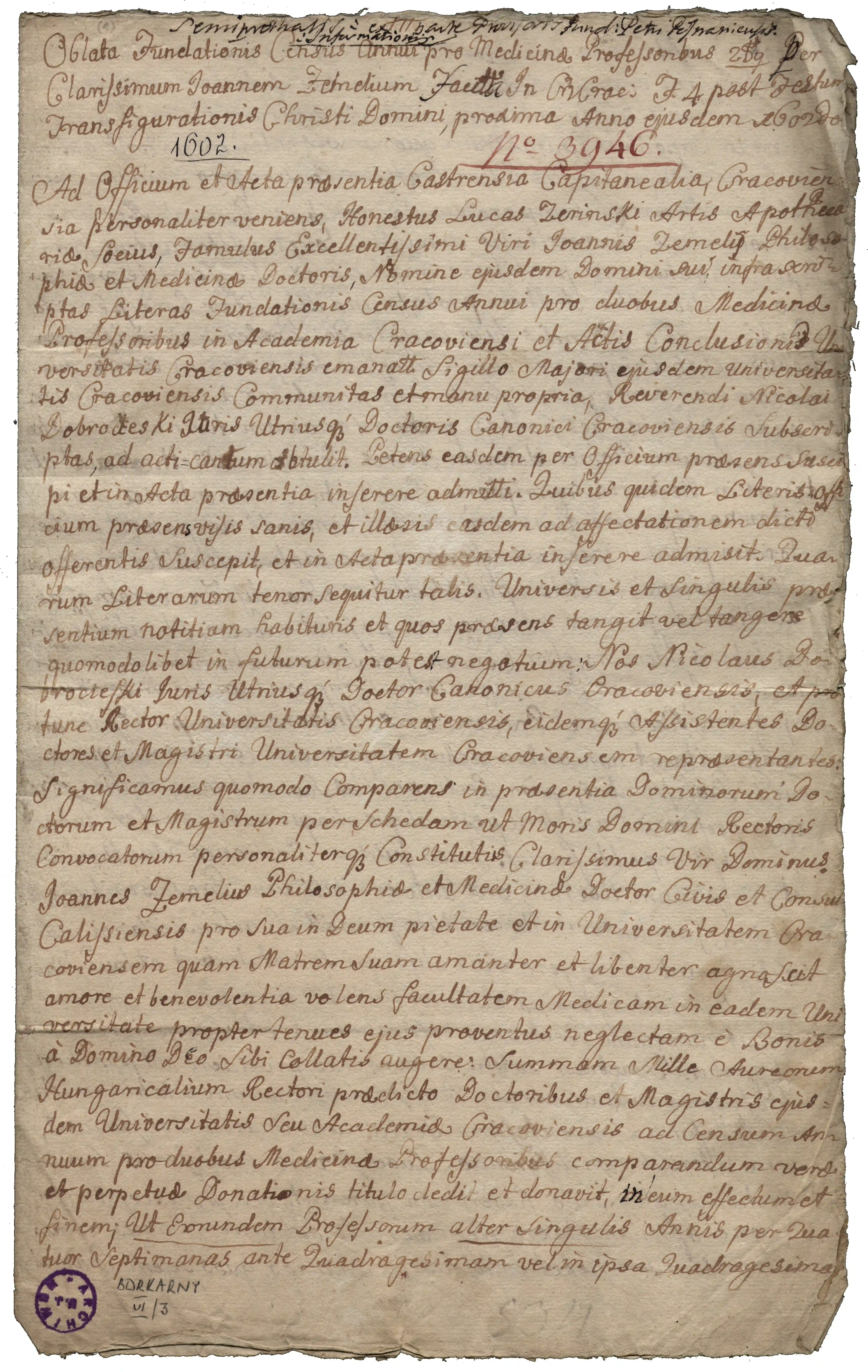 Archiwum Uniwersytetu Jagiellońskiego, sygn. 3946, s. 1.