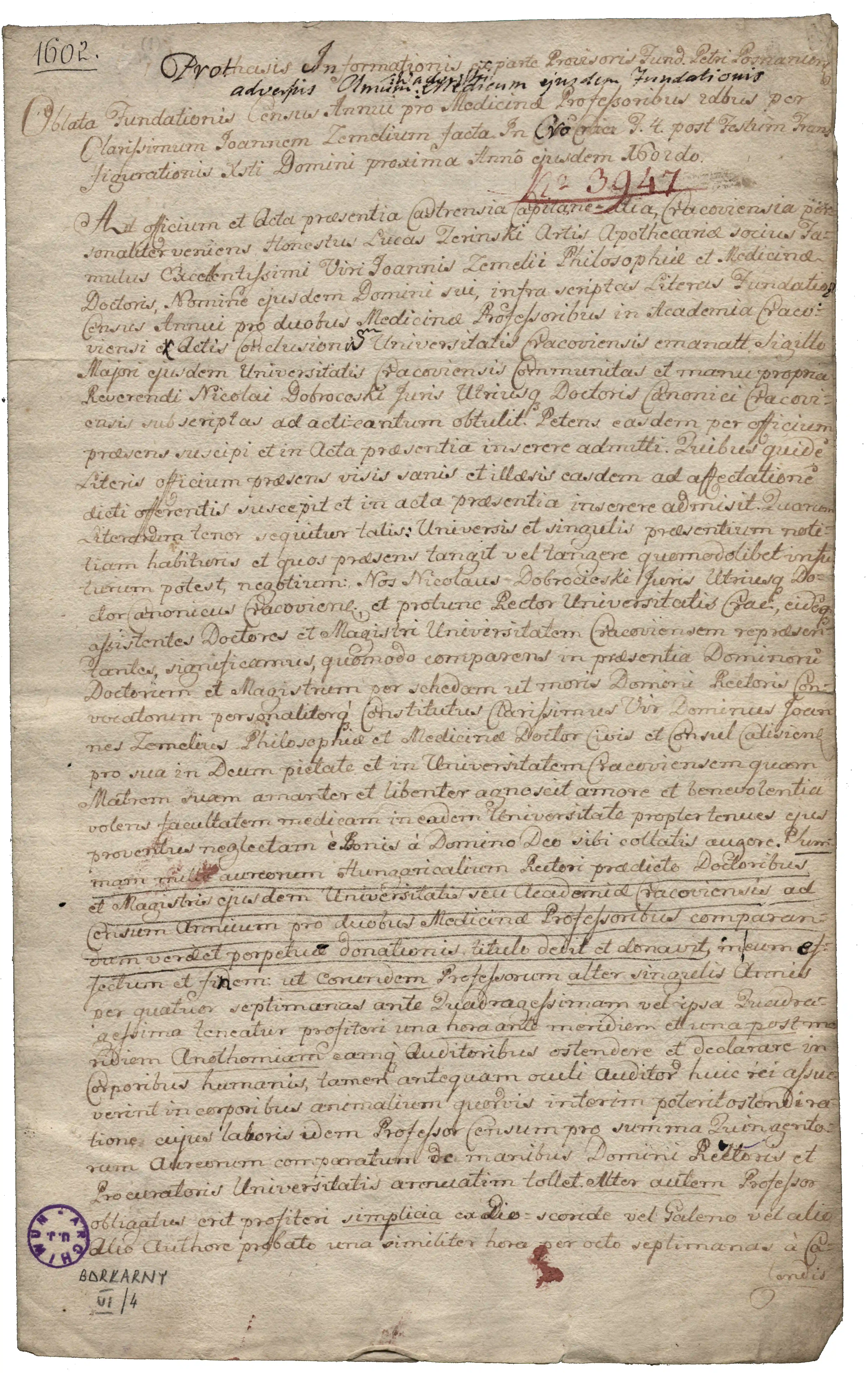 Archiwum Uniwersytetu Jagiellońskiego, sygn. 3947, s. 1.